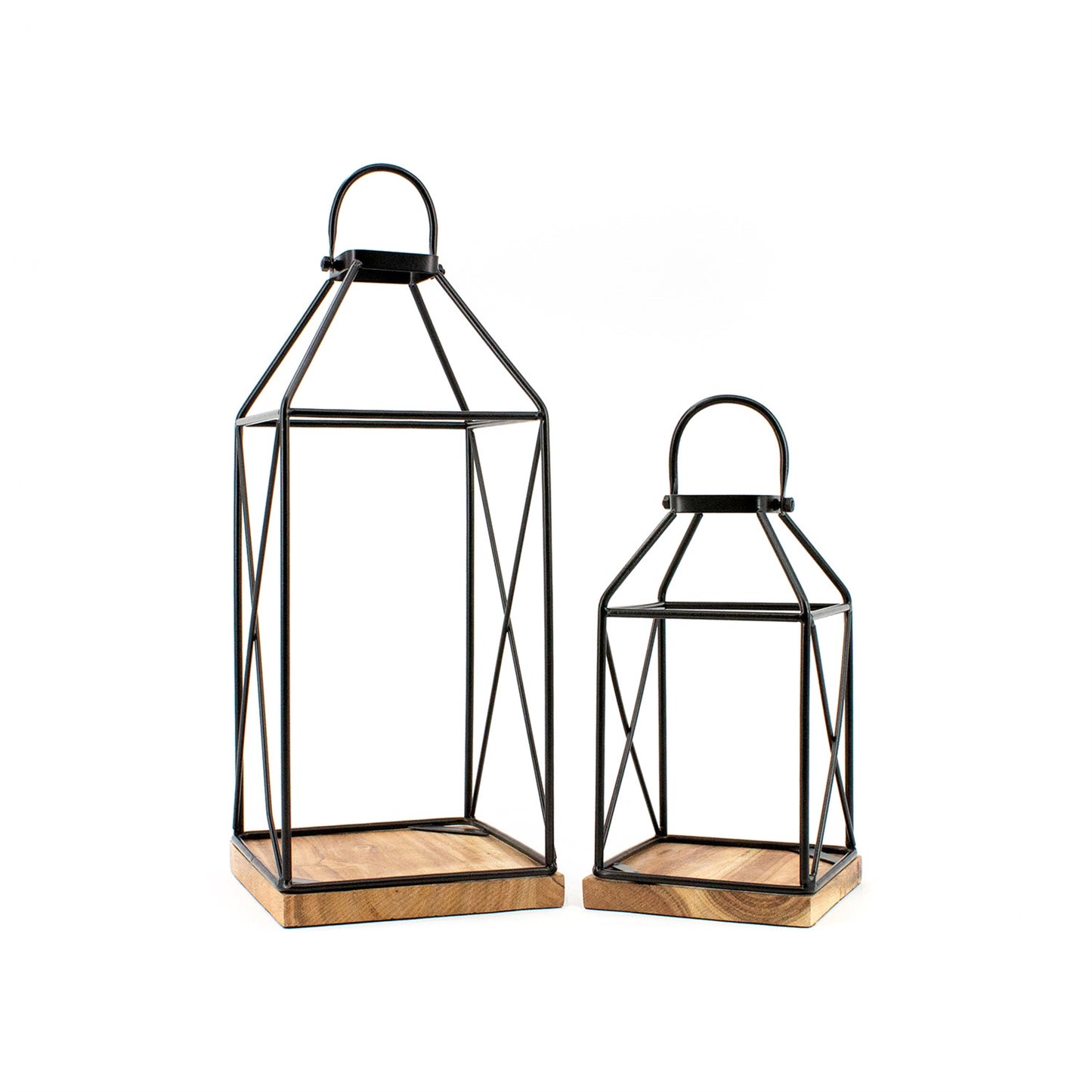 Set of 2 Iron and Acacia Wood Lanterns