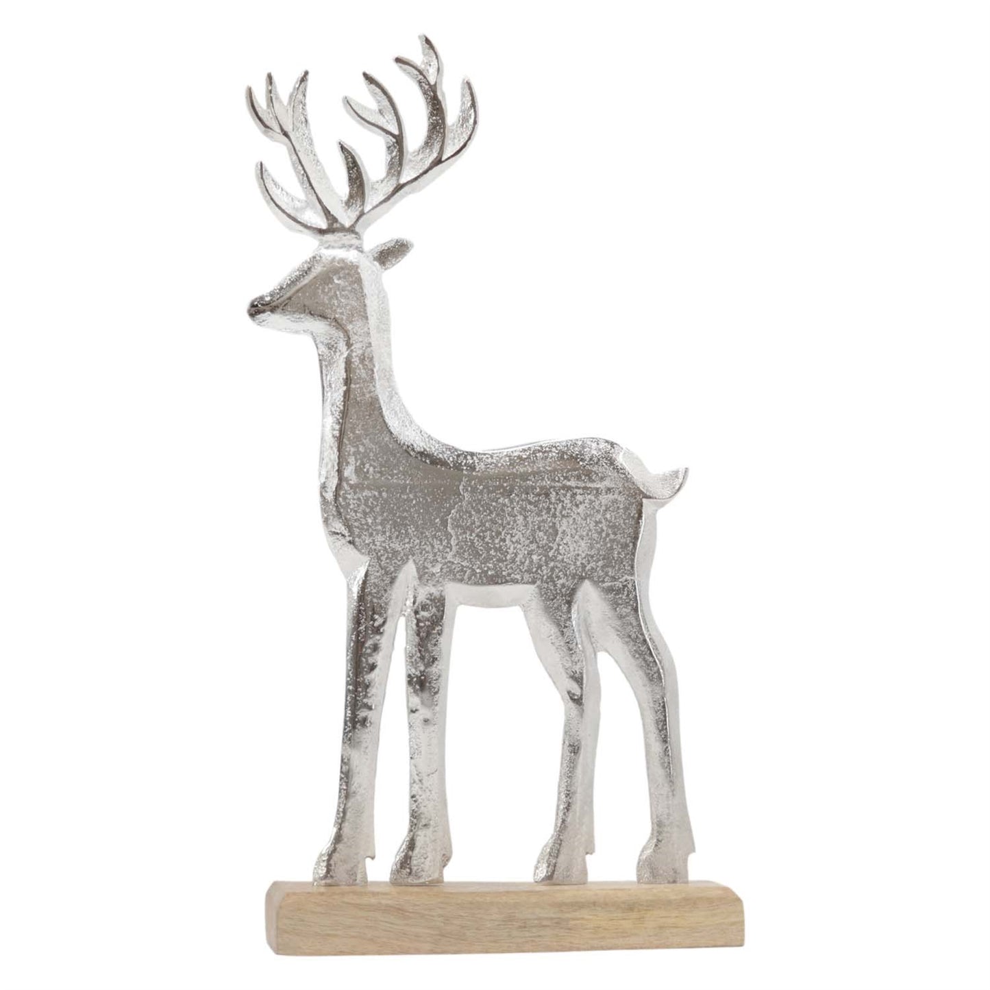 Decorative deer figure with silver glittery body and wooden base on a white background
