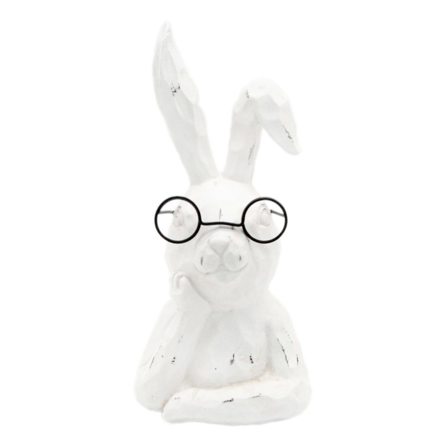 White rabbit figurine wearing round glasses on a white background