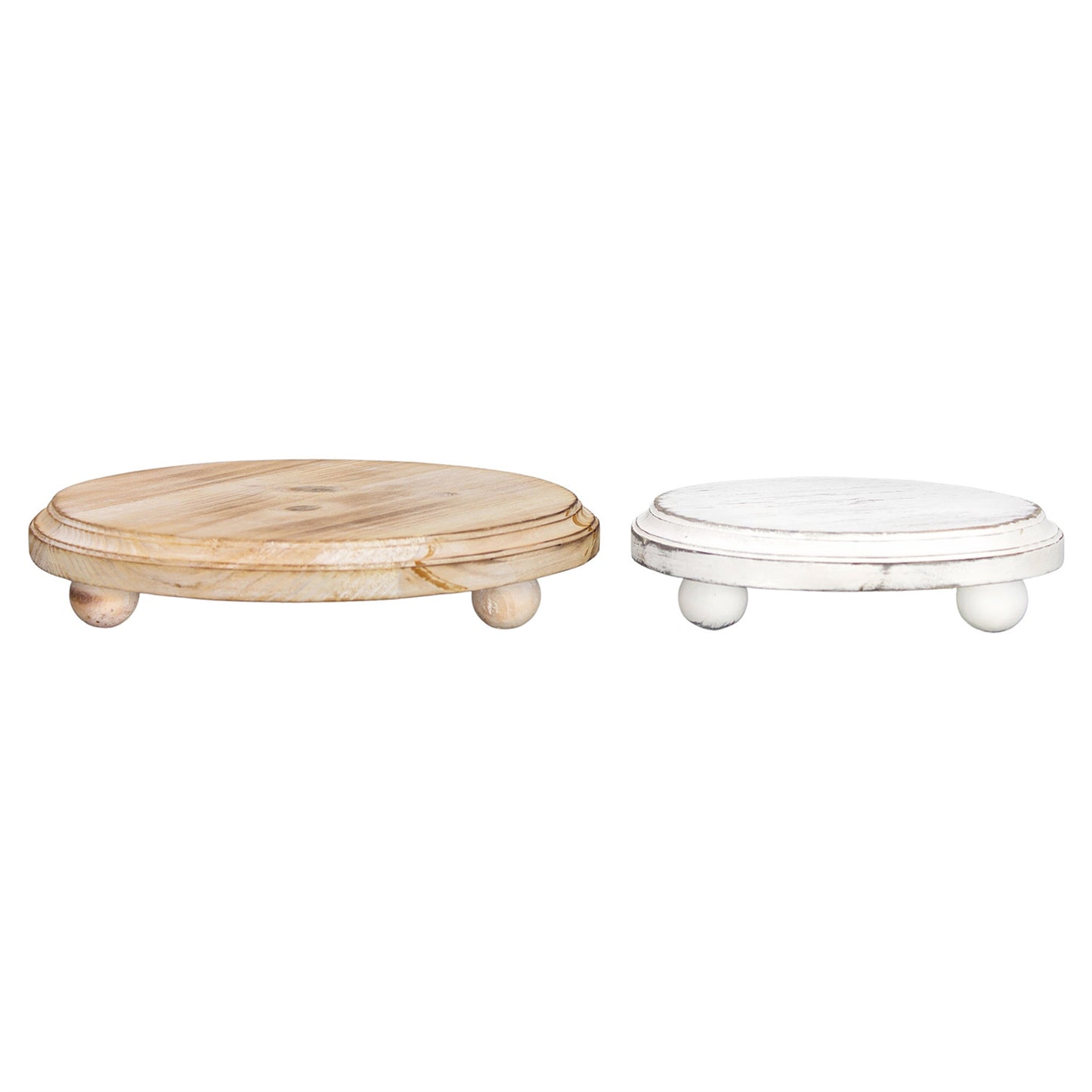 Two round stands, one with a natural beige finish and the other with a white marble-like finish, both with visible legs.