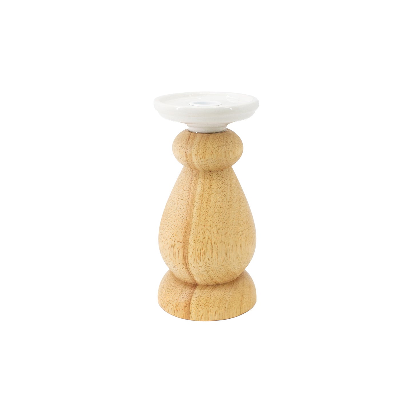 A wooden taper holder with a white top designed for candle holding, with a smooth finish and no visible branding.