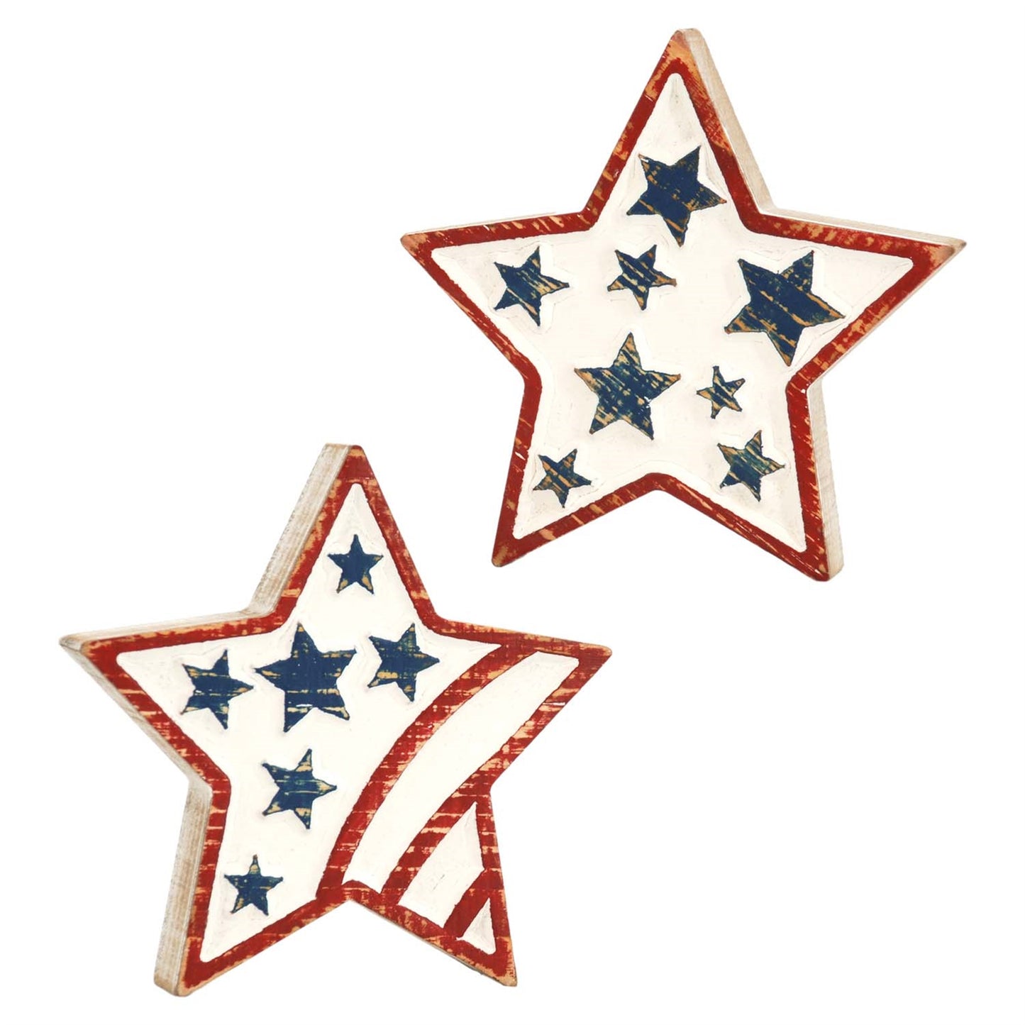 Two star-shaped decorative items with blue stars on a white background
