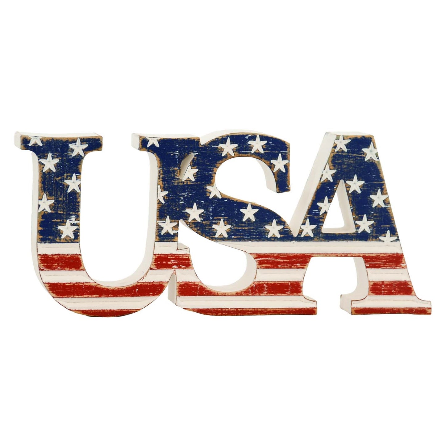 Wooden letters spelling 'USA' with American flag design on a white background