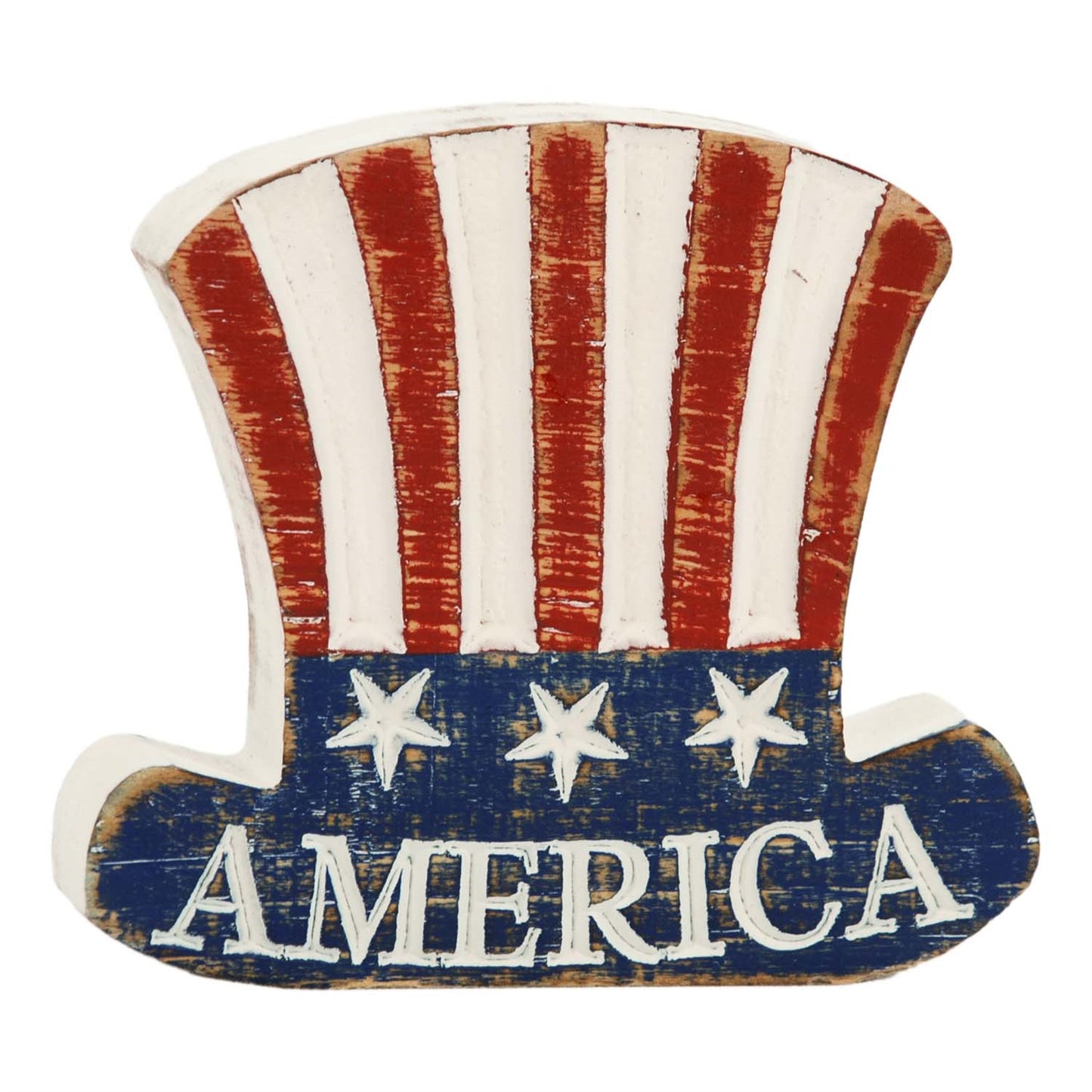 Decorative sign shaped like a top hat with American flag design and 'AMERICA' text on a white background.