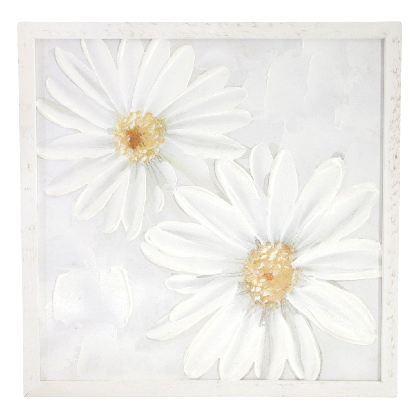 Decorative wall art with white flowers and gold centers in a white frame.
