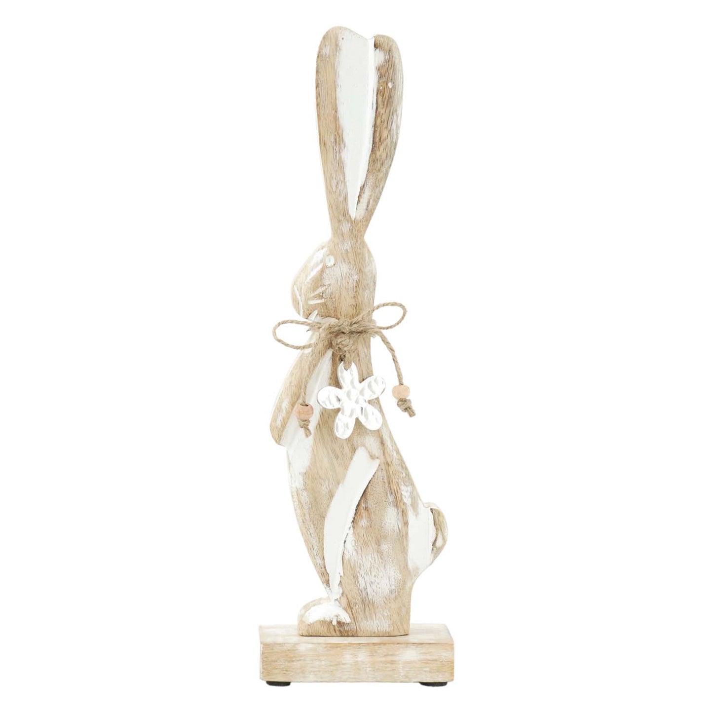Long-Eared Whitewashed Wood Bunny on Stand