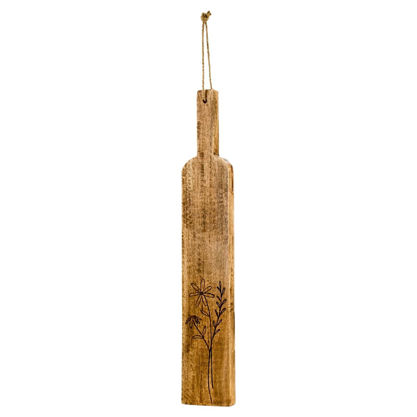 A wooden cutting board with a floral engraving near the bottom, hanging by a metal rod.