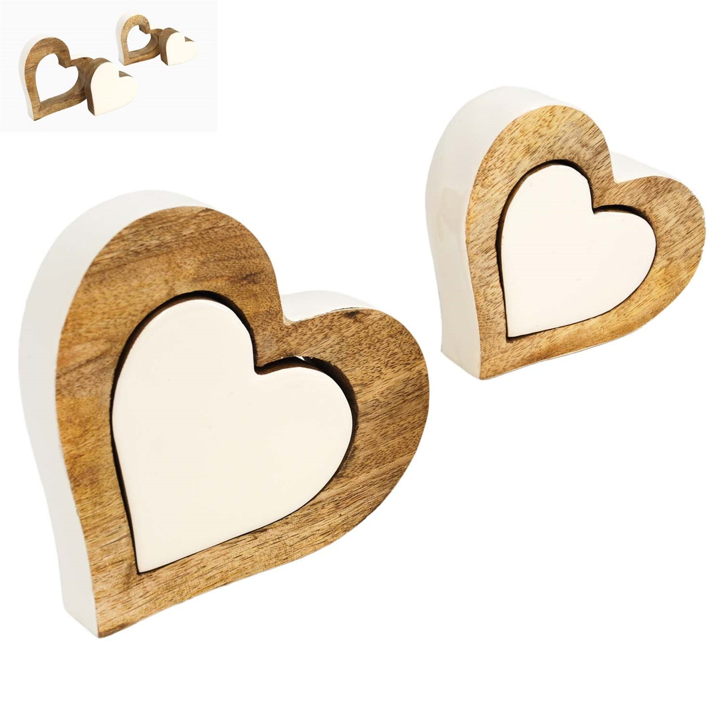 Heart-shaped wooden and white decorative items on a white background