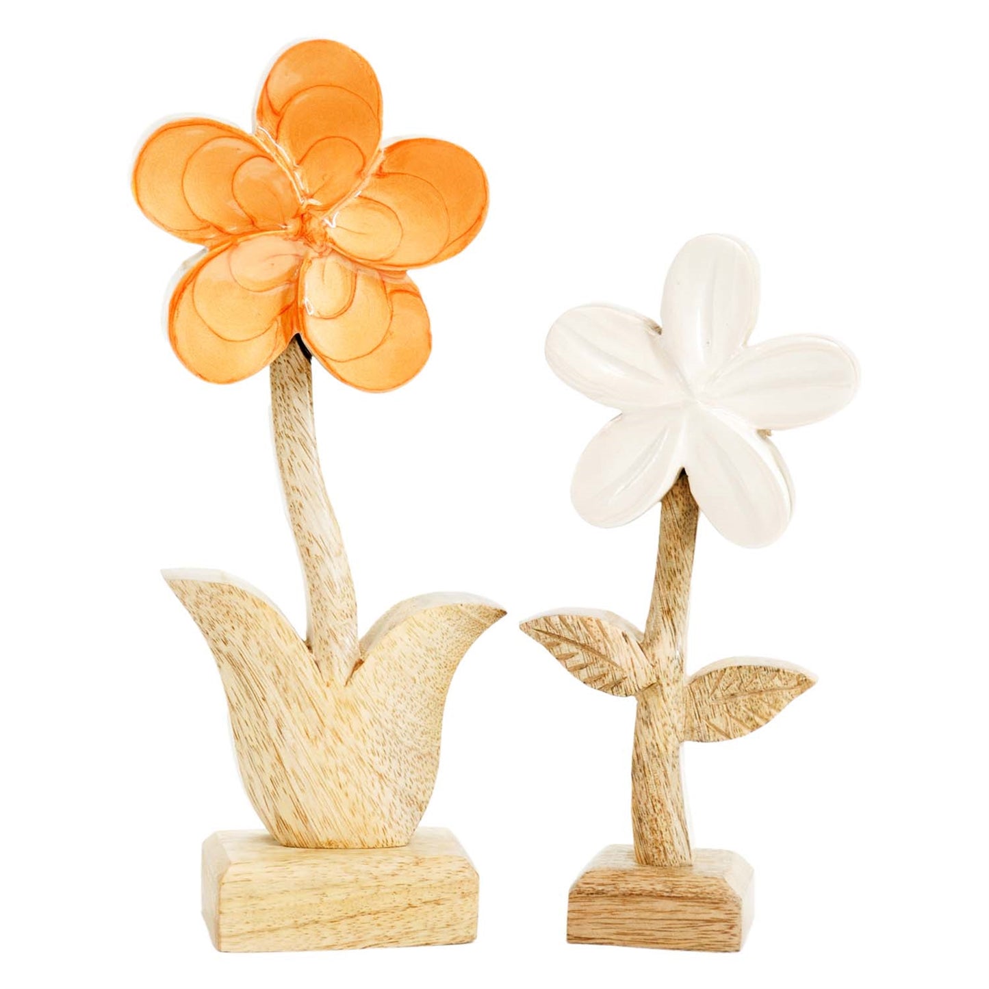 Set of 2 Scalloped Enamel Orange and White Wood Daisies