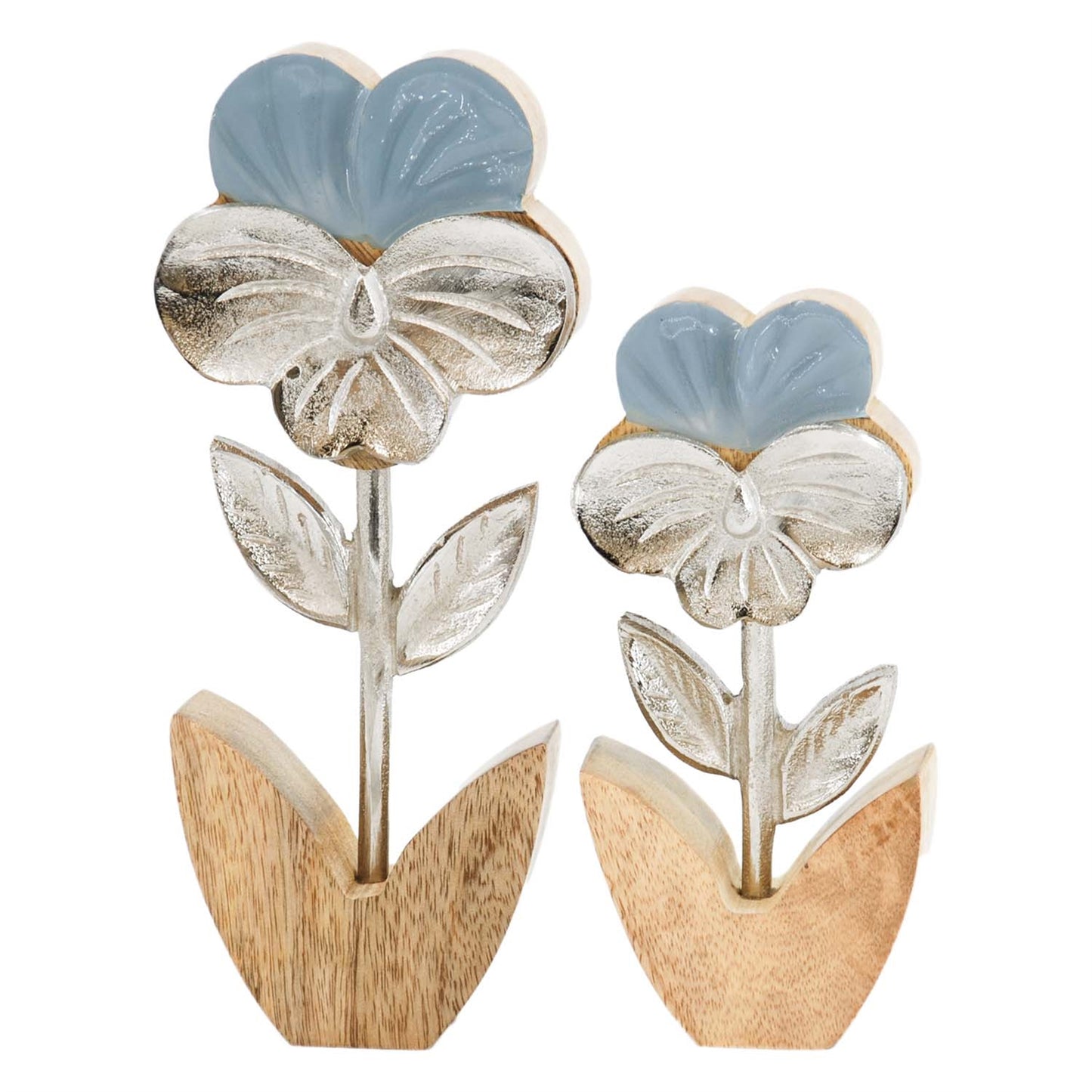 Set of 2 Wood and Metal Flowers with Blue Enamel