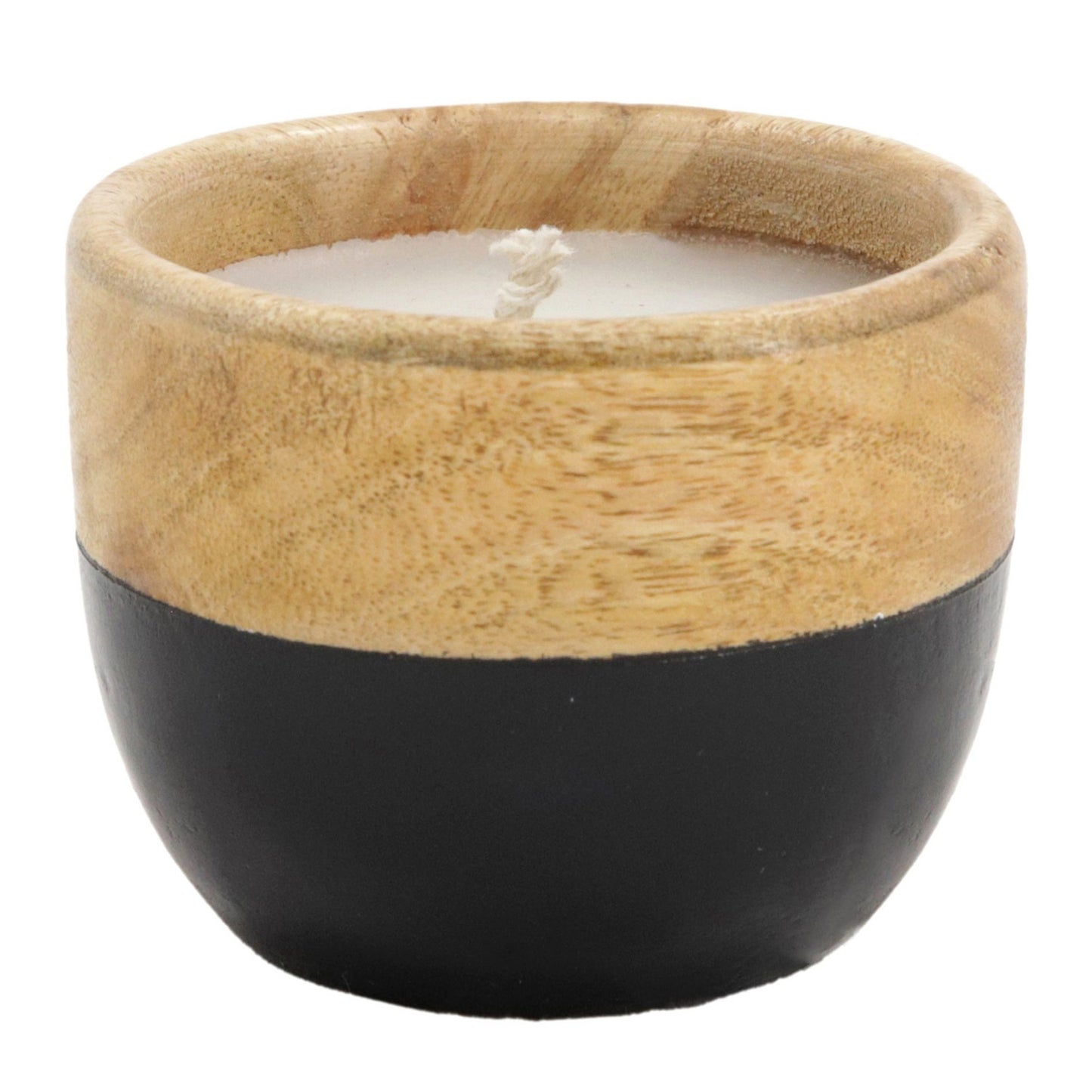 Ceramic candle holder with wooden top and black base on a white background