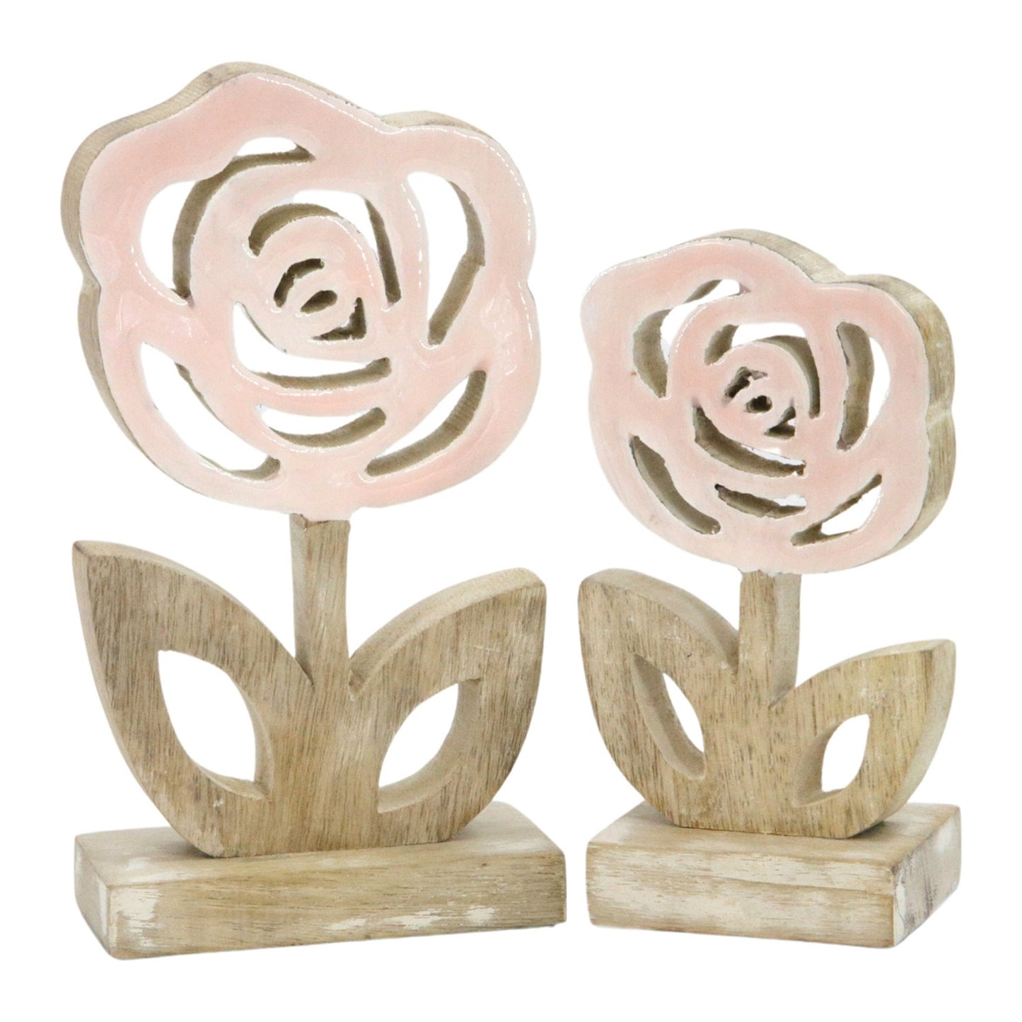 Two decorative rose sculptures with wooden bases on a white background