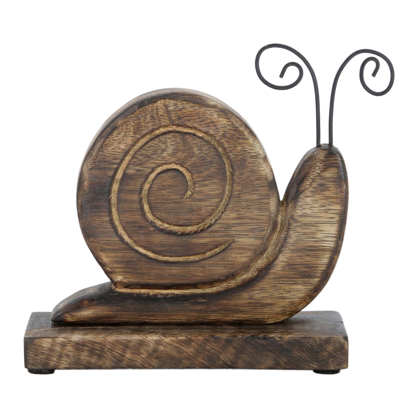 Wooden snail sculpture on a white background