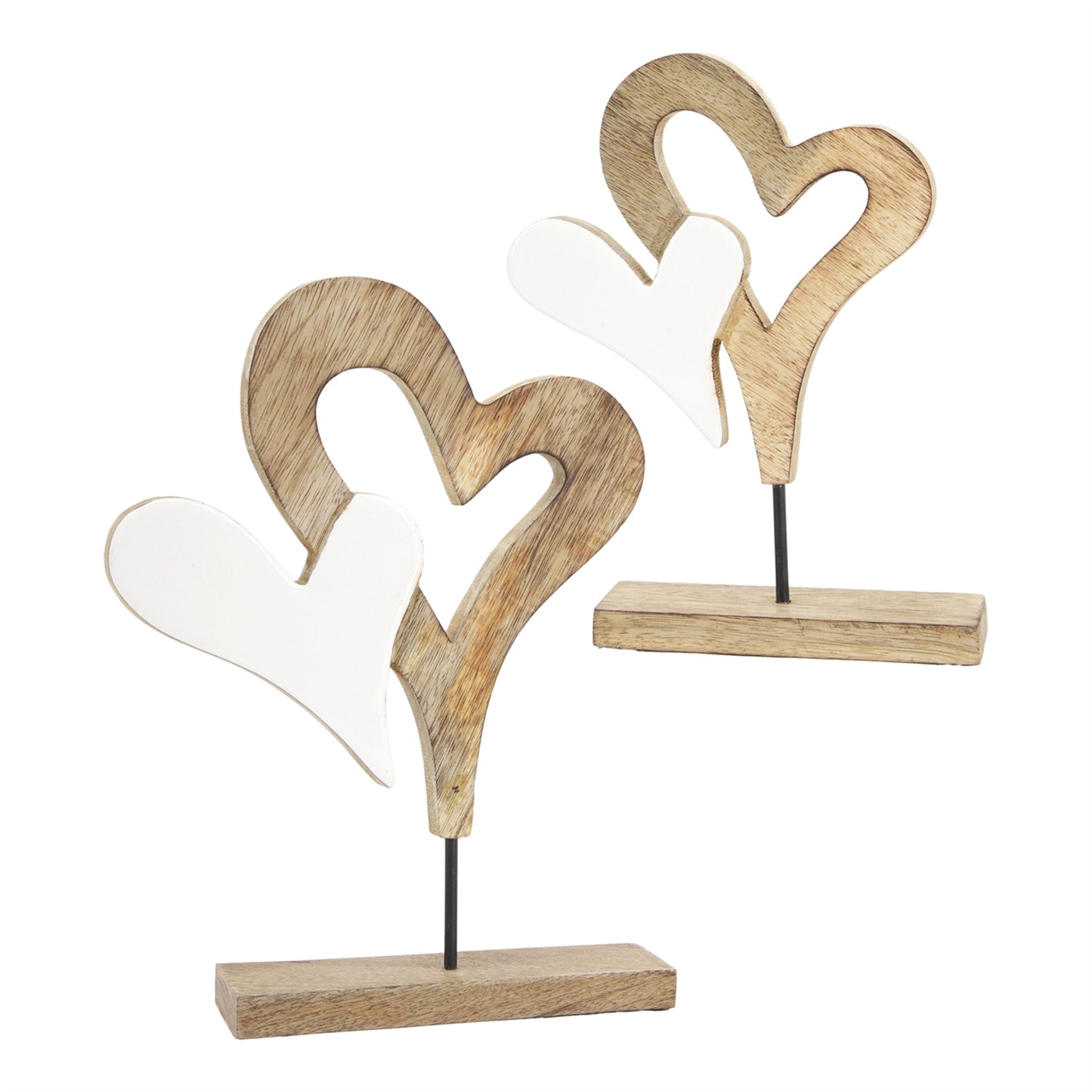 Wooden heart-shaped decorative items on stands against a white background