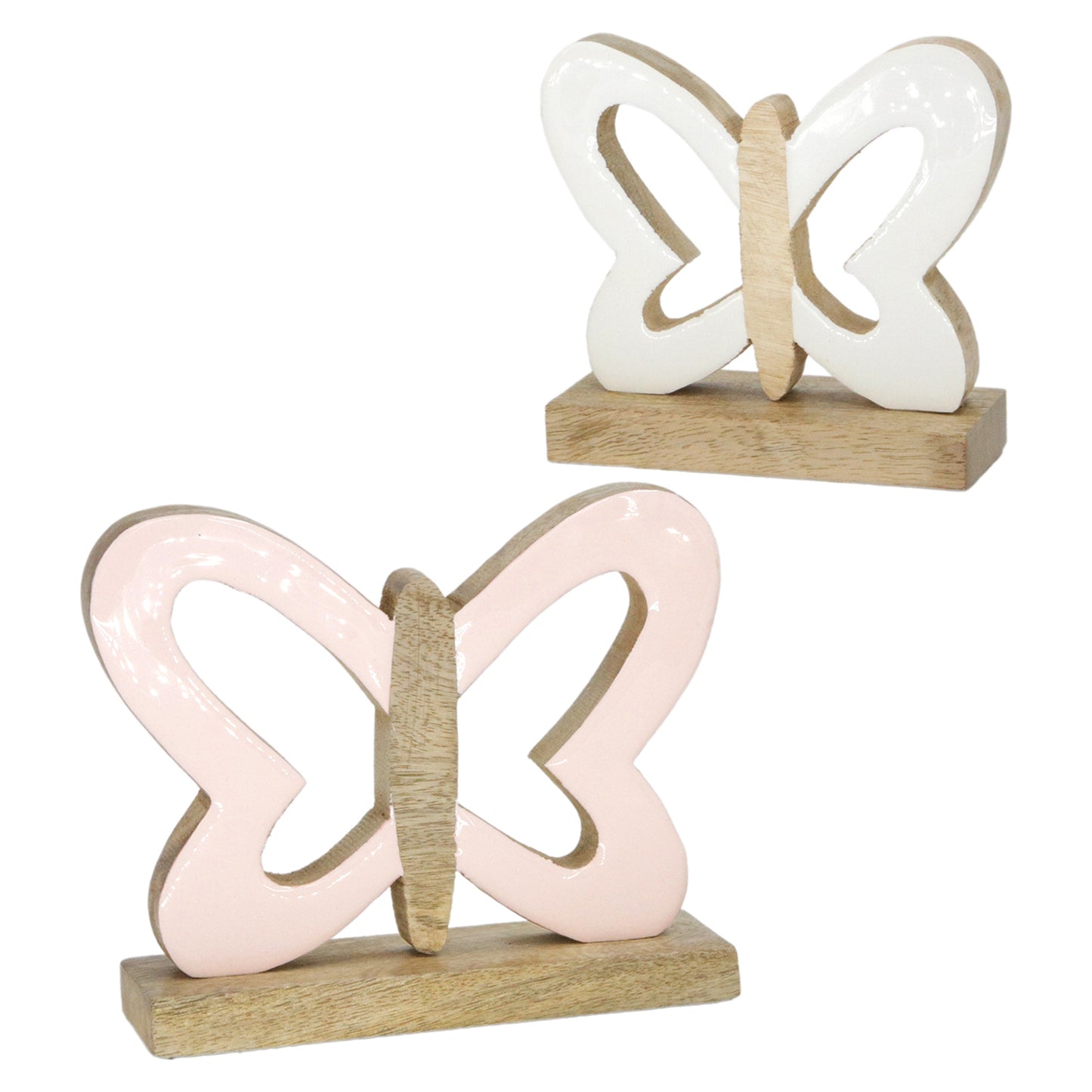 Two butterfly-shaped decorative items on wooden bases against a white background