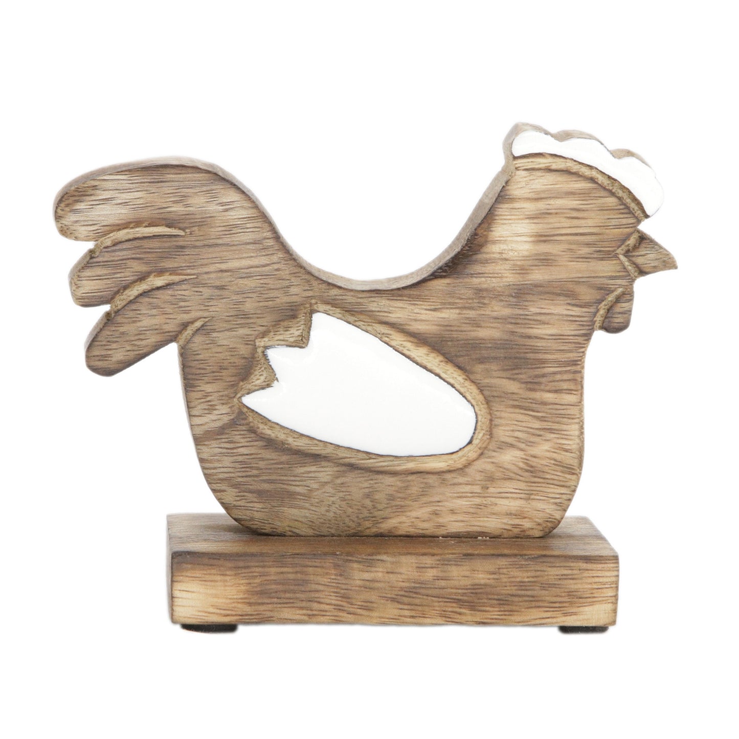 Wooden sculpture of a rooster on a white background