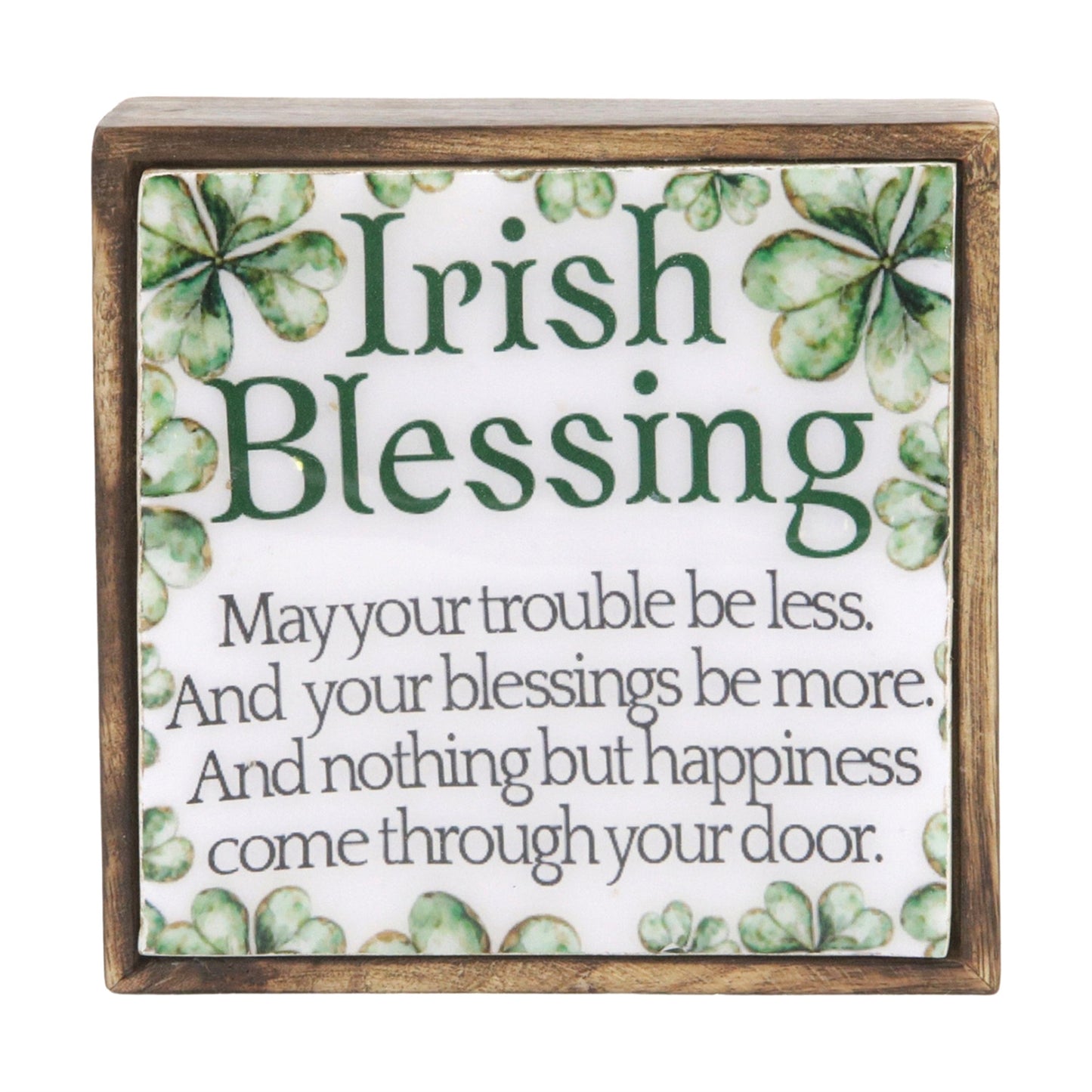 Decorative sign with 'Irish Blessing' text and shamrock design on a white background.