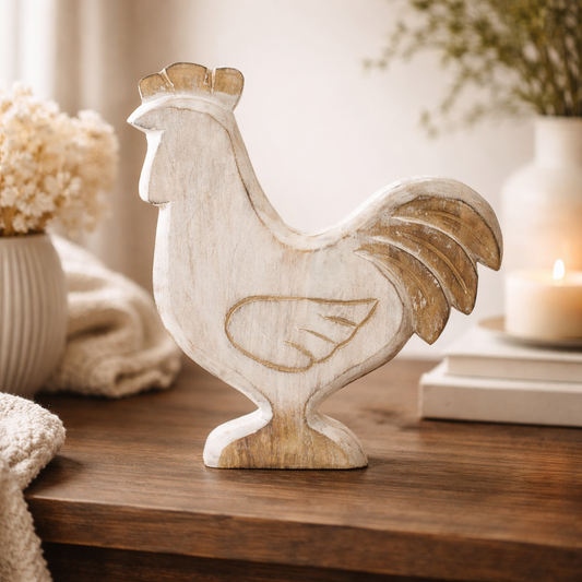 Whitewashed Mango Wood Rooster Stand