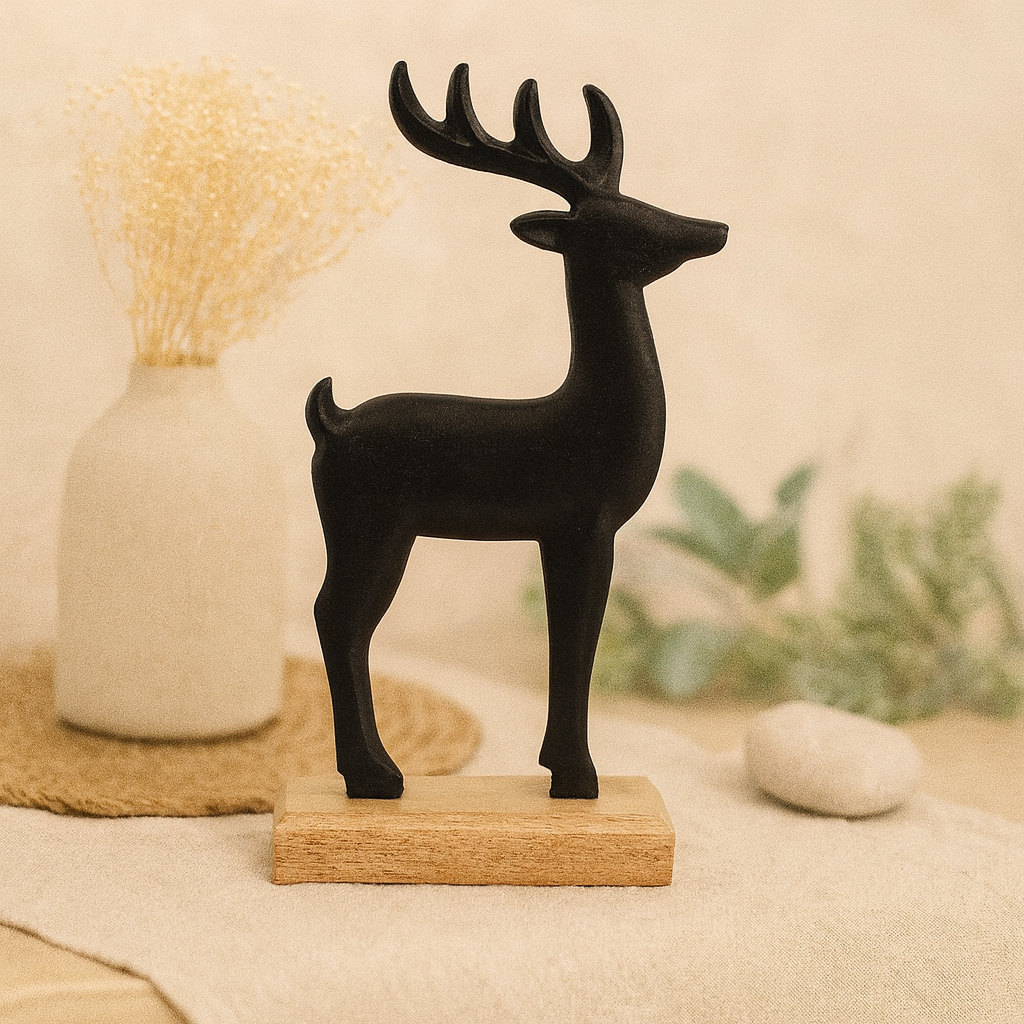 Black Metal Reindeer on Wood Block