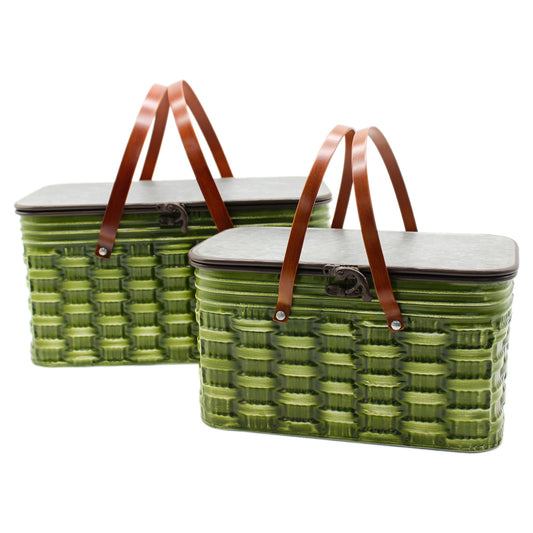 Set of 2 Green Metal Rattan-Look Baskets