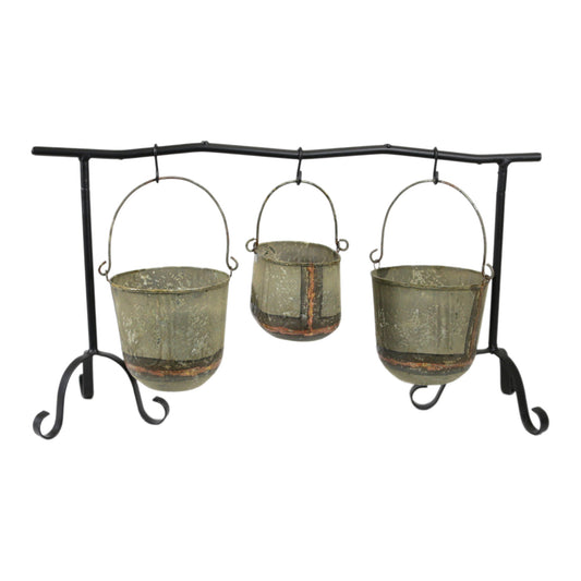Set of 3 Hanging Rustic Planters on Stand