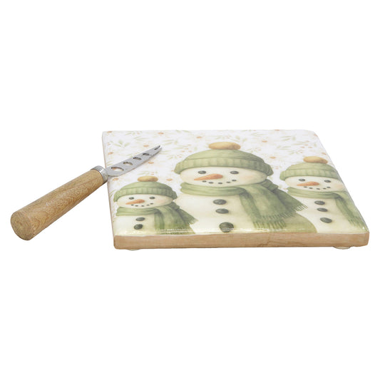 Green Snowman Cheese Tray with Knife