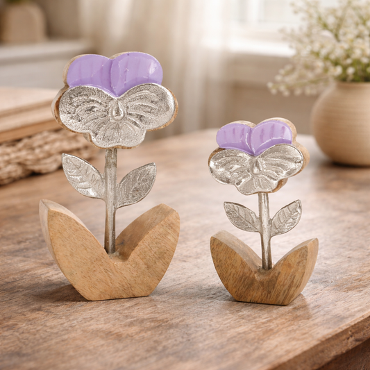Set of 2 Violet Daisy Wood and Metal Flowers