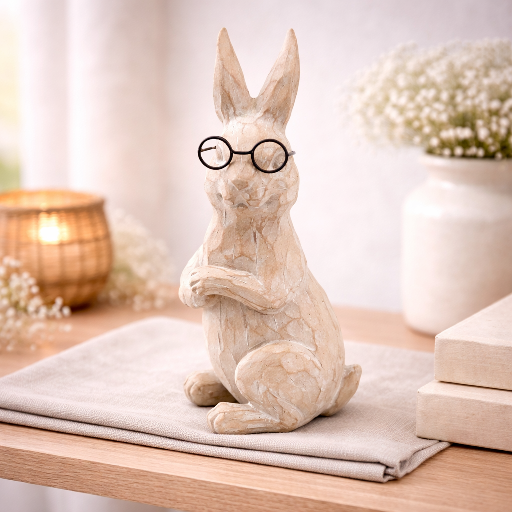 Tan Resin Carved Bunny with Glasses