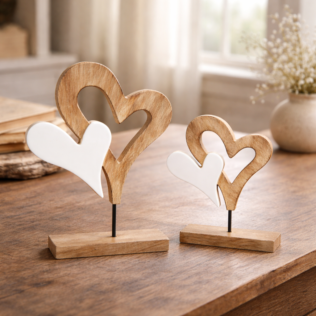 Set of 2 White Enamel and Wood Curved Heart Stands