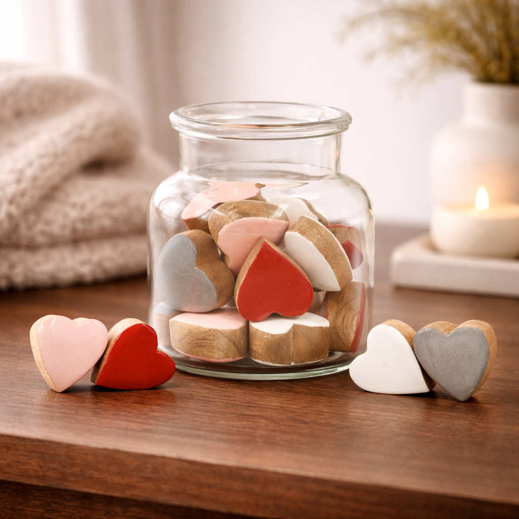 Set of 20 Pink, White, Red, and Silver Little Wood Hearts in Jar