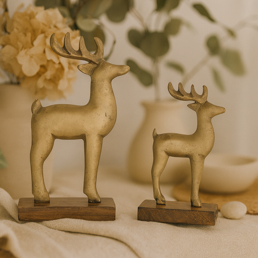Set of 2 Gold Metal Reindeer on Stands