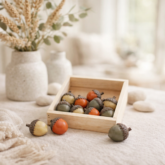 12 Green, Orange & Beige Resin Acorns