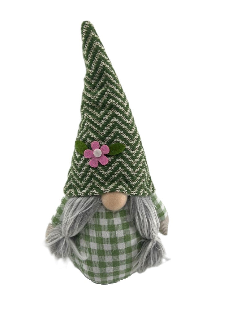 12" Green Plaid Flower On Hat Garden Gnome