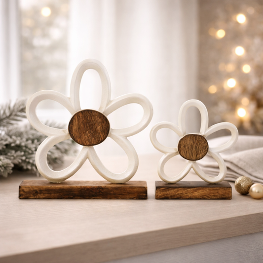 Set of 2 White Metal Daisies on Stands