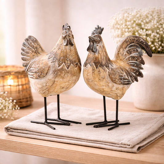 2 Assorted Resin Rooster and Hen