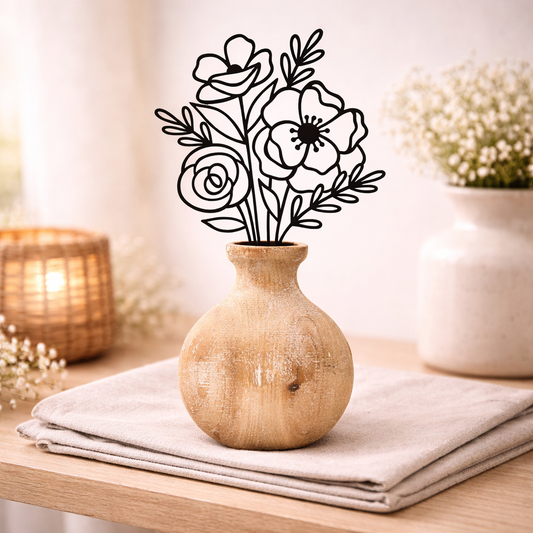 Wood Vase and Metal Flowers Hanger