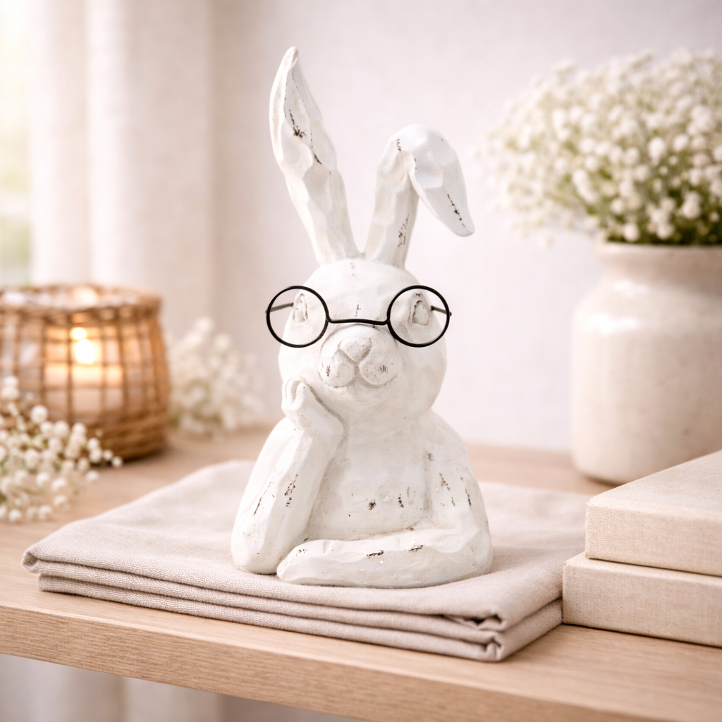 White Resin Thinking Bunny with Glasses