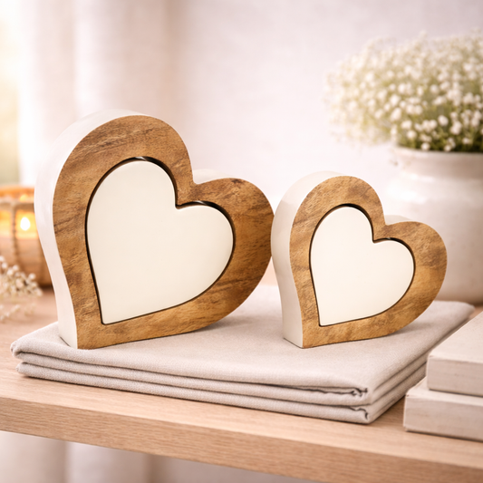 Set of 2 Natural and White Enamel Heart Puzzle Blocks