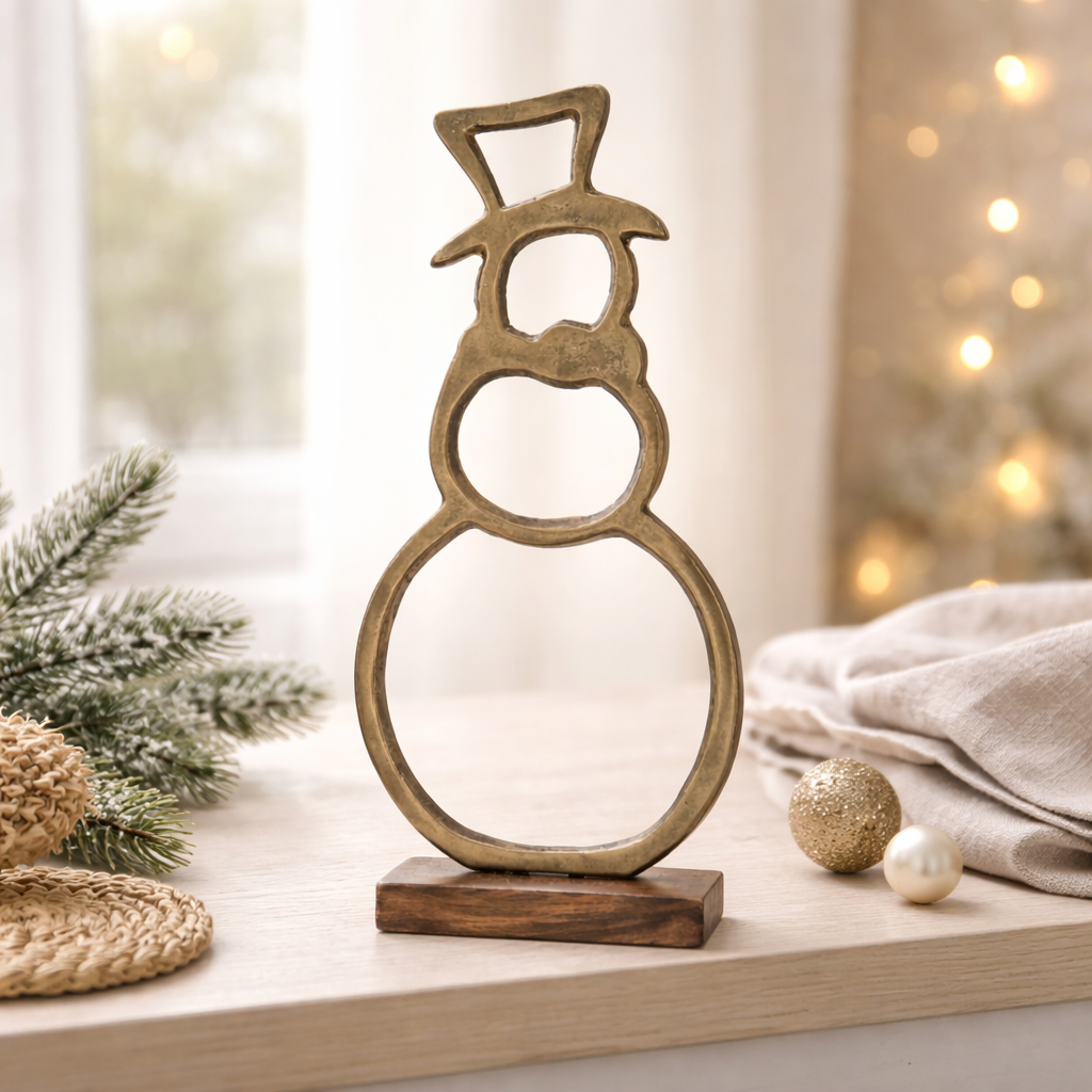 Gold Metal Snowman on Stand