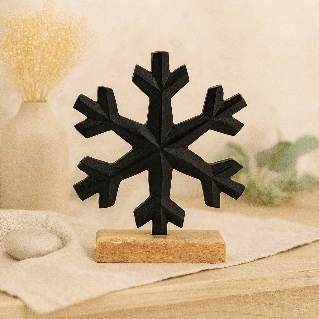 8" Black Metal Snowflake on Block