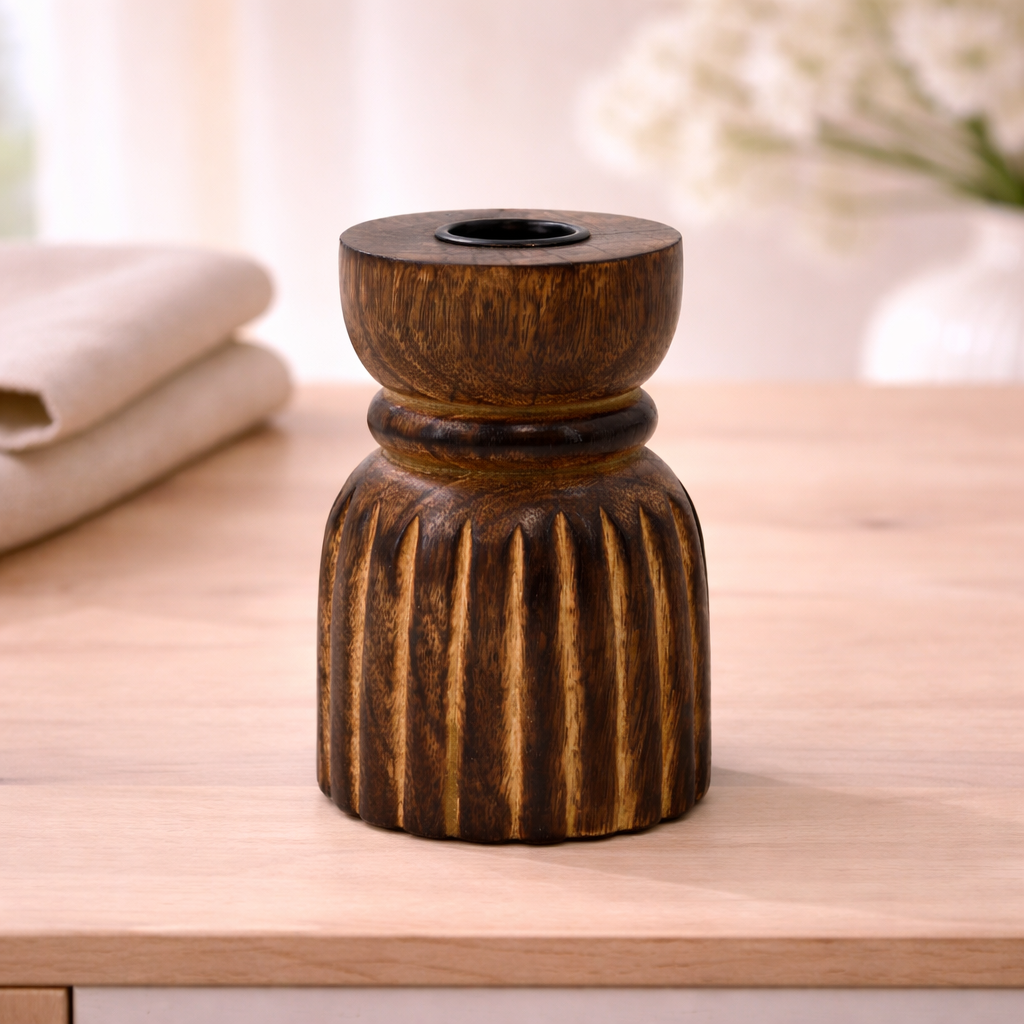 Dark Wood Carved Taper Holder