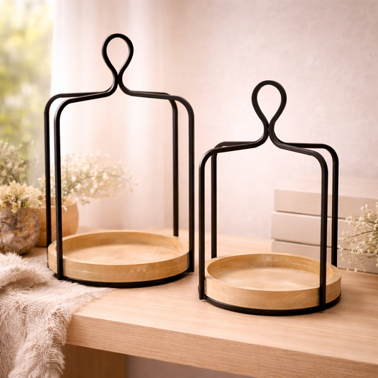 Set of 2 Wood and Iron Round Open Lanterns