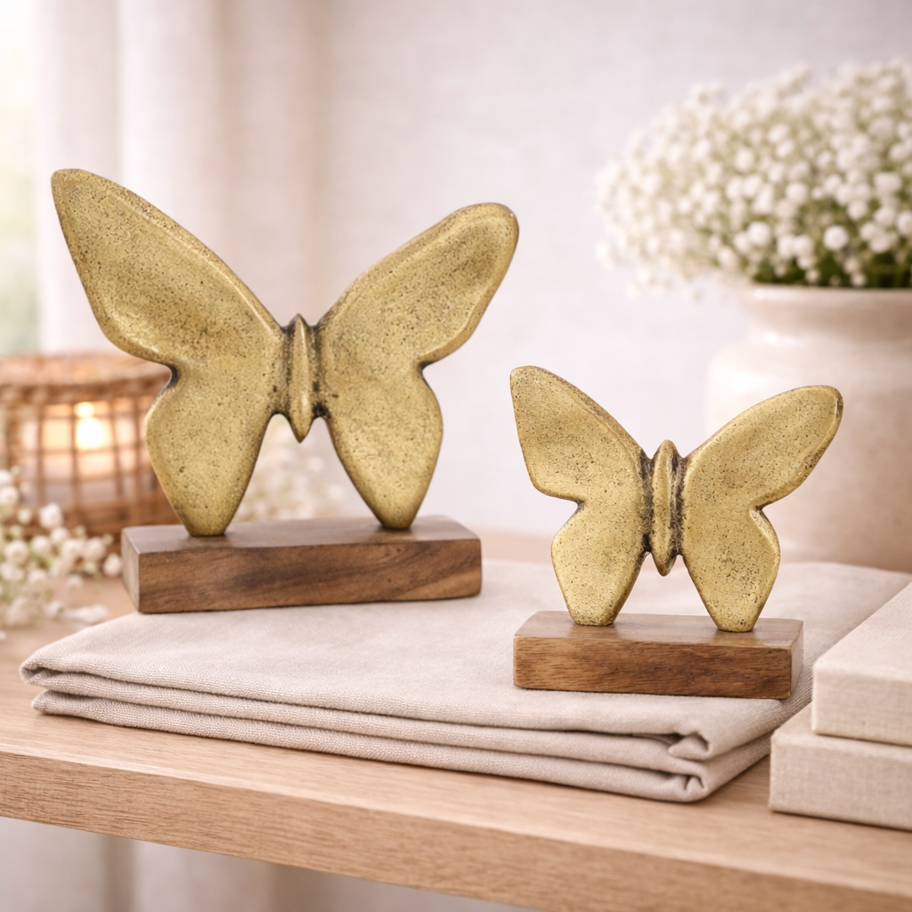 Set of 2 Antique Brass Wood Butterfly Blocks