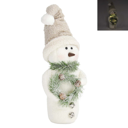 Fuzzy Plush Snowman with Lighted Wreath
