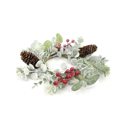 Frosted Eucalyptus/Pine/Red Berry Candle Ring 4.5"