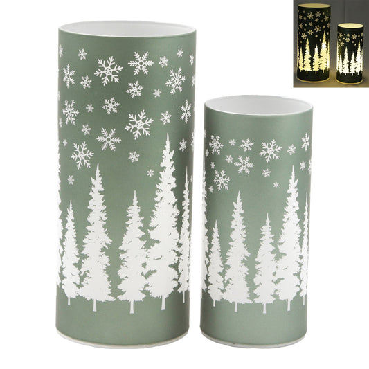 Set of 2 Green Tree Lighted Glass Jars