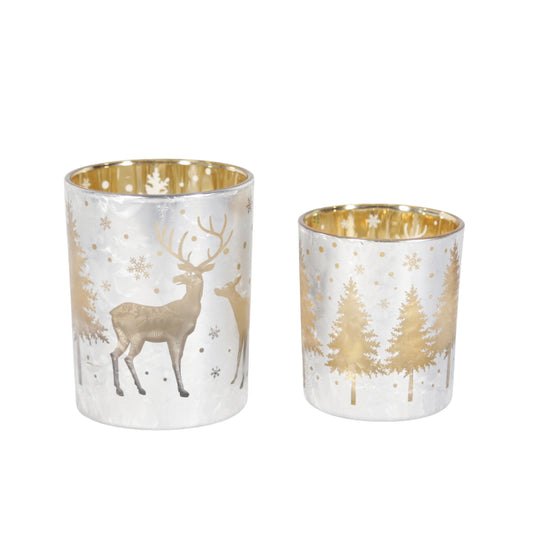 Set of 2 Golden Deer Lighted Glass Jars