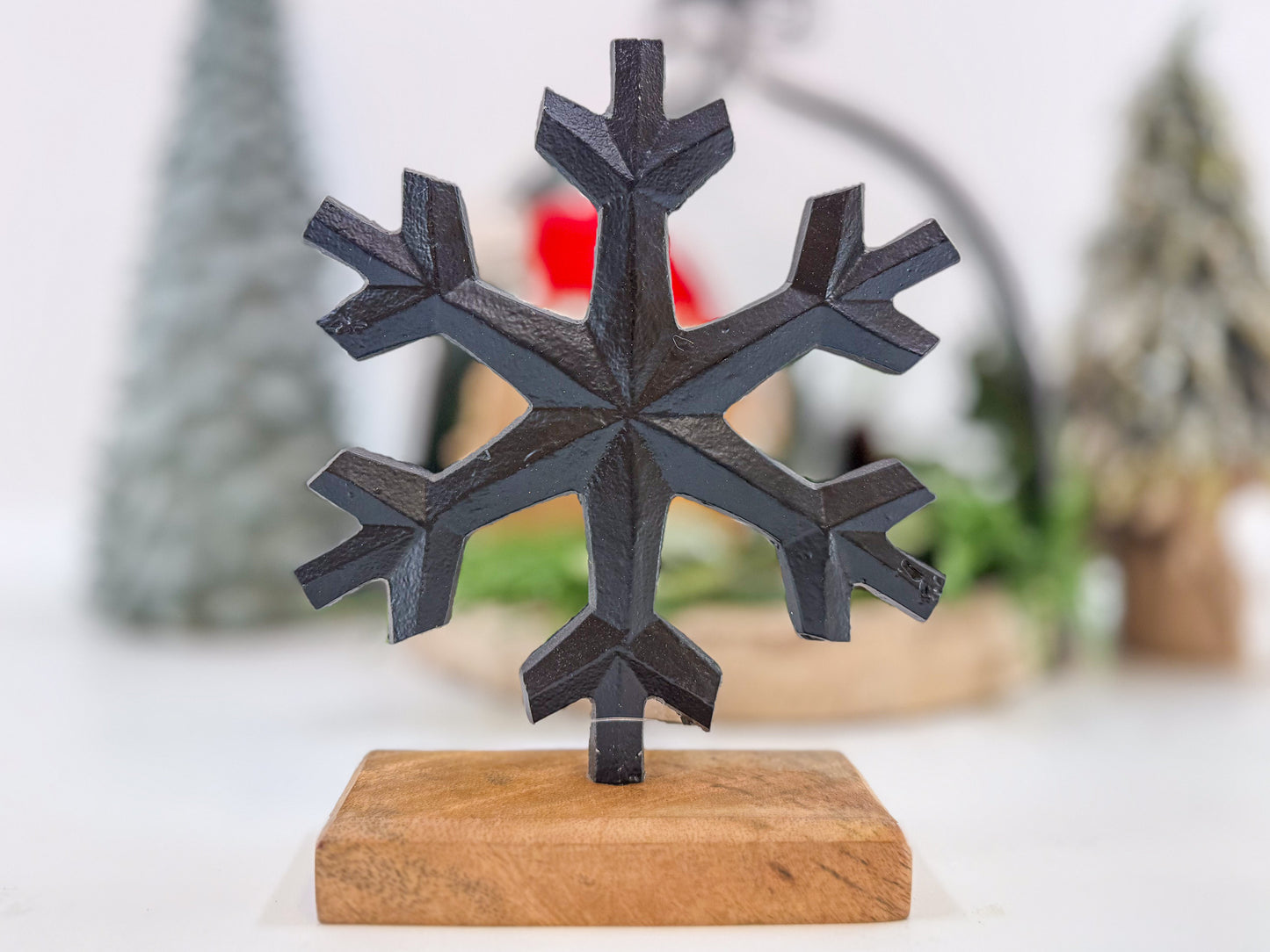 8" Black Metal Snowflake on Block