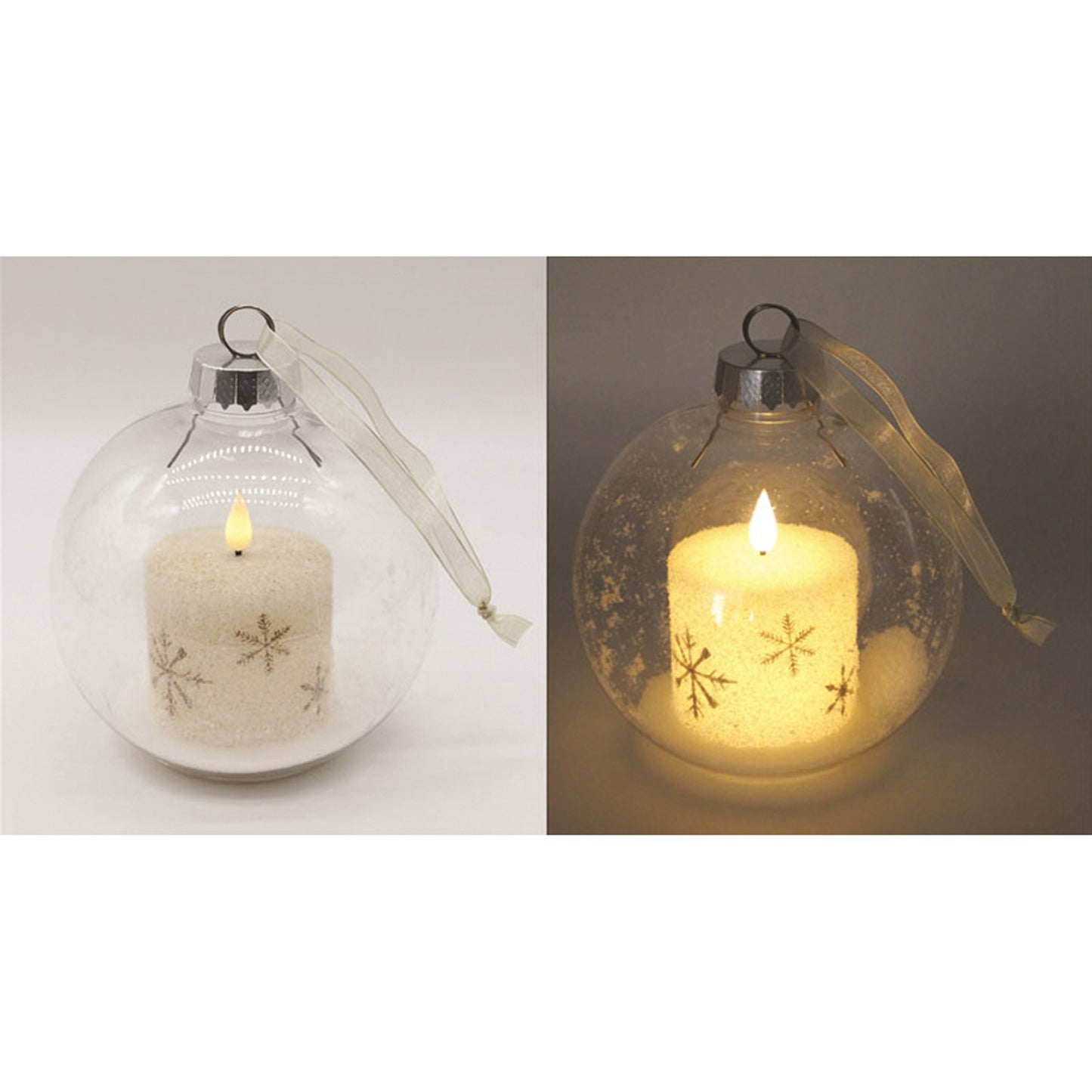 Large Plastic Ball Ornament with Gold Snowflake LED Candle