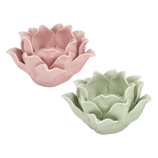 2 Assorted Green and Pink Lotus Tea Light Holders